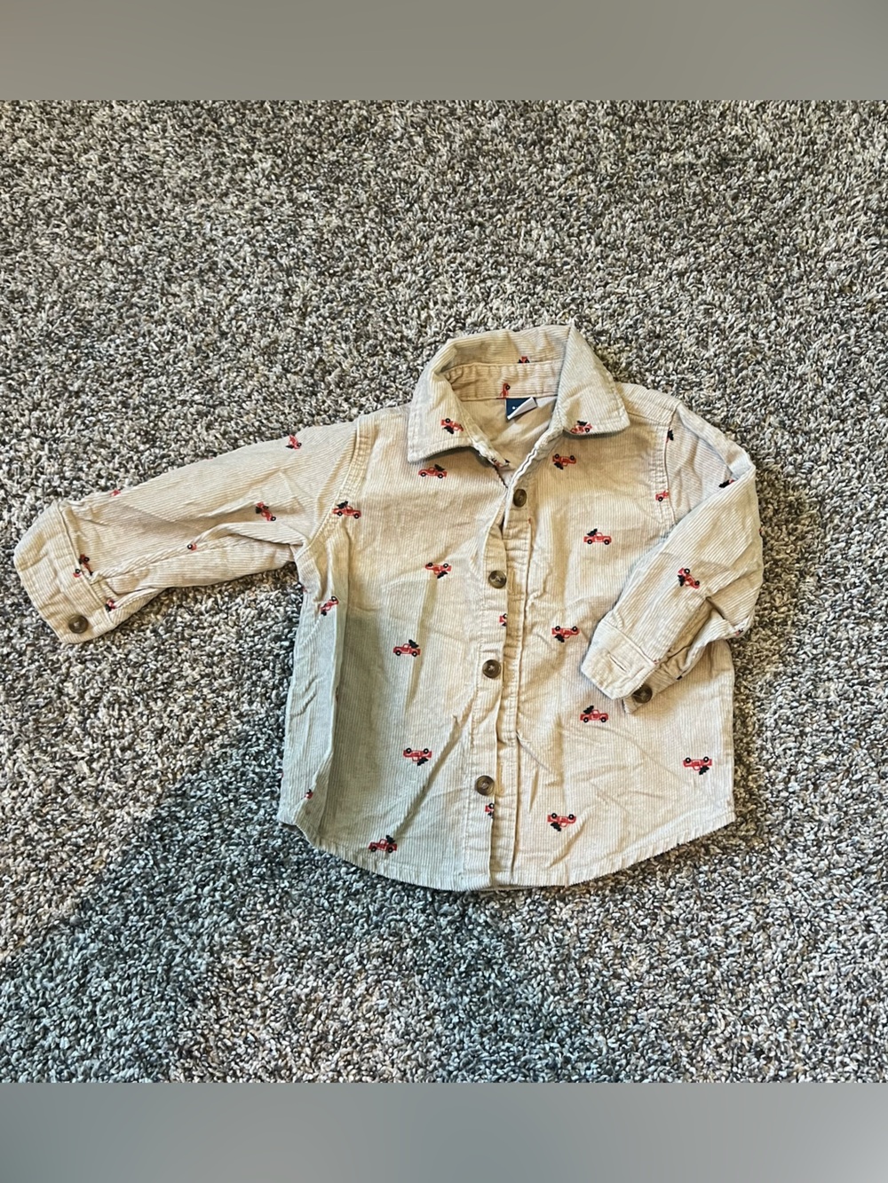 Beige Corduroy Button-Up Shirt with Red Christmas Trucks